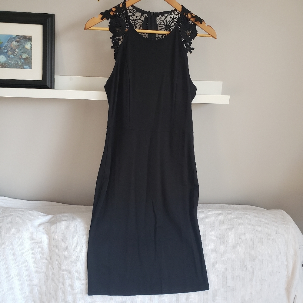 Yathon Black Lace Detail Cocktail Dress LBD Size Medium